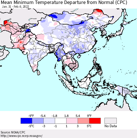 Asia Mean Minimum Temperature Departure from Normal (CPC) Thematic Map For 1/31/2022 - 2/6/2022
