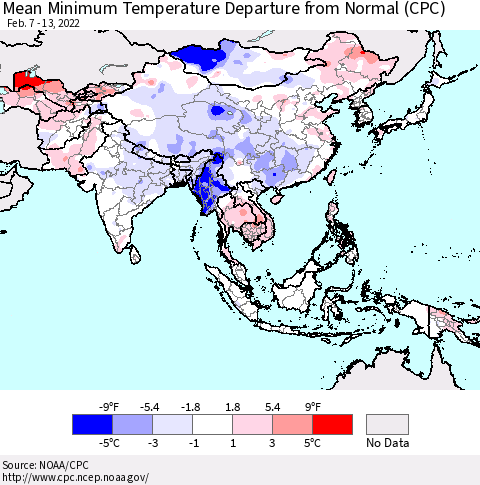 Asia Mean Minimum Temperature Departure from Normal (CPC) Thematic Map For 2/7/2022 - 2/13/2022