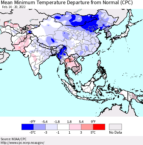 Asia Mean Minimum Temperature Departure from Normal (CPC) Thematic Map For 2/14/2022 - 2/20/2022