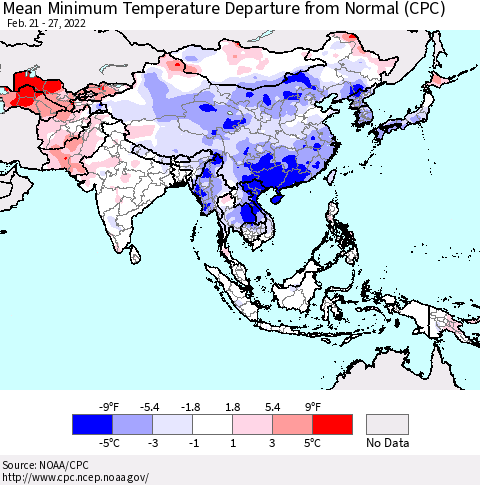 Asia Mean Minimum Temperature Departure from Normal (CPC) Thematic Map For 2/21/2022 - 2/27/2022