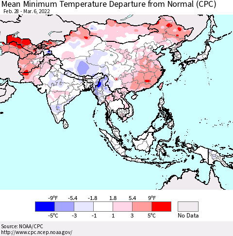 Asia Mean Minimum Temperature Departure from Normal (CPC) Thematic Map For 2/28/2022 - 3/6/2022