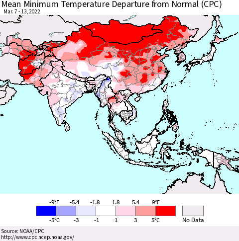Asia Mean Minimum Temperature Departure from Normal (CPC) Thematic Map For 3/7/2022 - 3/13/2022