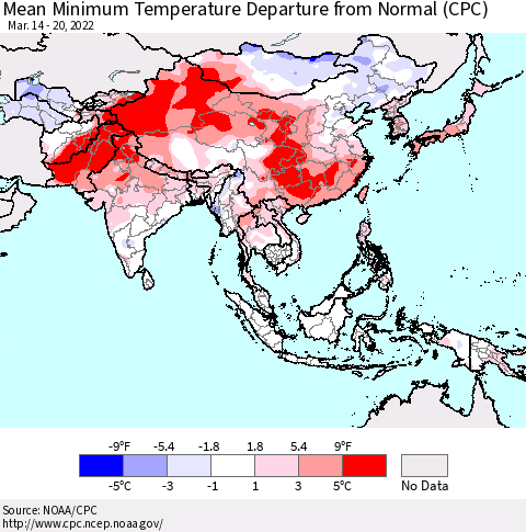 Asia Mean Minimum Temperature Departure from Normal (CPC) Thematic Map For 3/14/2022 - 3/20/2022
