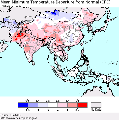Asia Mean Minimum Temperature Departure from Normal (CPC) Thematic Map For 3/21/2022 - 3/27/2022