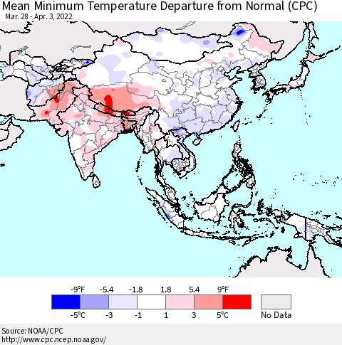 Asia Mean Minimum Temperature Departure from Normal (CPC) Thematic Map For 3/28/2022 - 4/3/2022