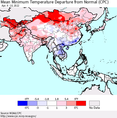 Asia Mean Minimum Temperature Departure from Normal (CPC) Thematic Map For 4/4/2022 - 4/10/2022