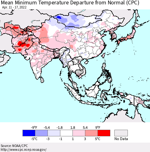 Asia Mean Minimum Temperature Departure from Normal (CPC) Thematic Map For 4/11/2022 - 4/17/2022