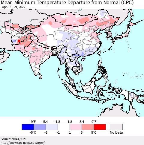 Asia Mean Minimum Temperature Departure from Normal (CPC) Thematic Map For 4/18/2022 - 4/24/2022