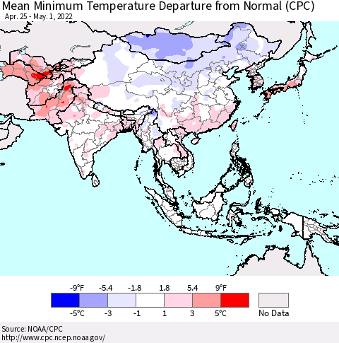 Asia Mean Minimum Temperature Departure from Normal (CPC) Thematic Map For 4/25/2022 - 5/1/2022