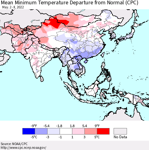 Asia Mean Minimum Temperature Departure from Normal (CPC) Thematic Map For 5/2/2022 - 5/8/2022