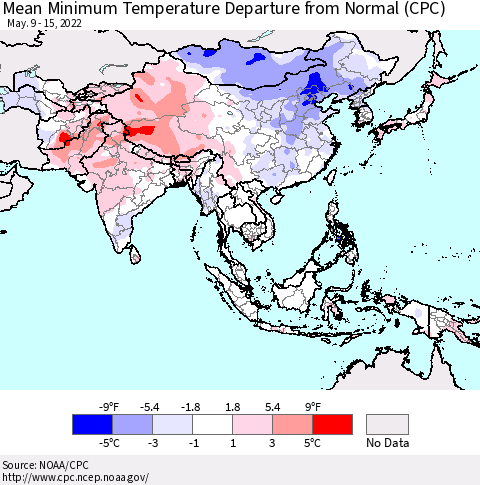 Asia Mean Minimum Temperature Departure from Normal (CPC) Thematic Map For 5/9/2022 - 5/15/2022