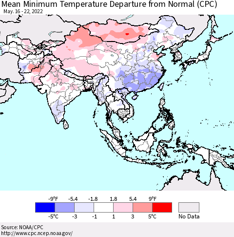 Asia Mean Minimum Temperature Departure from Normal (CPC) Thematic Map For 5/16/2022 - 5/22/2022