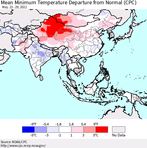 Asia Mean Minimum Temperature Departure from Normal (CPC) Thematic Map For 5/23/2022 - 5/29/2022
