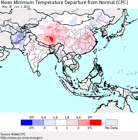 Asia Mean Minimum Temperature Departure from Normal (CPC) Thematic Map For 5/30/2022 - 6/5/2022