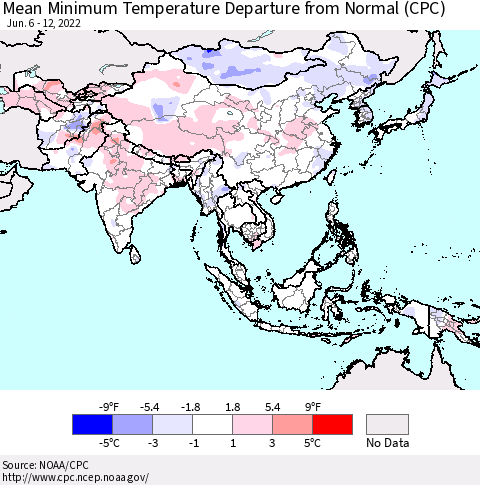 Asia Mean Minimum Temperature Departure from Normal (CPC) Thematic Map For 6/6/2022 - 6/12/2022