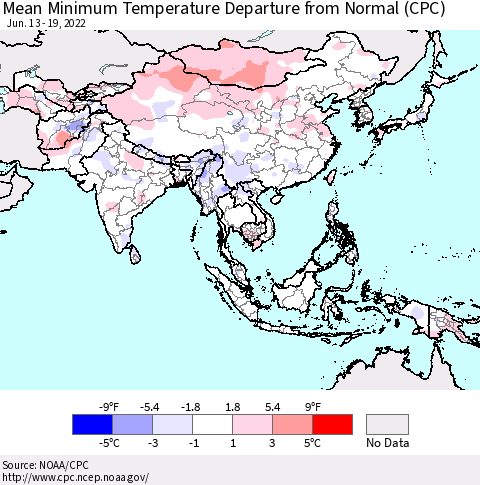 Asia Mean Minimum Temperature Departure from Normal (CPC) Thematic Map For 6/13/2022 - 6/19/2022