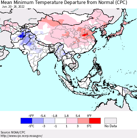 Asia Mean Minimum Temperature Departure from Normal (CPC) Thematic Map For 6/20/2022 - 6/26/2022