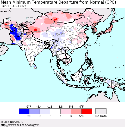 Asia Mean Minimum Temperature Departure from Normal (CPC) Thematic Map For 6/27/2022 - 7/3/2022