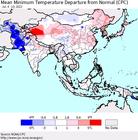 Asia Mean Minimum Temperature Departure from Normal (CPC) Thematic Map For 7/4/2022 - 7/10/2022