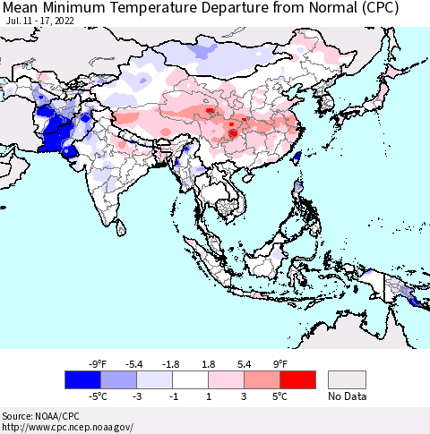 Asia Mean Minimum Temperature Departure from Normal (CPC) Thematic Map For 7/11/2022 - 7/17/2022