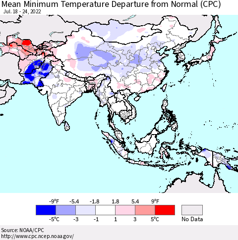 Asia Mean Minimum Temperature Departure from Normal (CPC) Thematic Map For 7/18/2022 - 7/24/2022