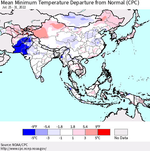 Asia Mean Minimum Temperature Departure from Normal (CPC) Thematic Map For 7/25/2022 - 7/31/2022