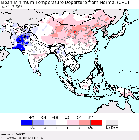 Asia Mean Minimum Temperature Departure from Normal (CPC) Thematic Map For 8/1/2022 - 8/7/2022