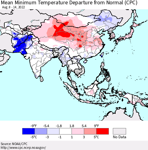 Asia Mean Minimum Temperature Departure from Normal (CPC) Thematic Map For 8/8/2022 - 8/14/2022
