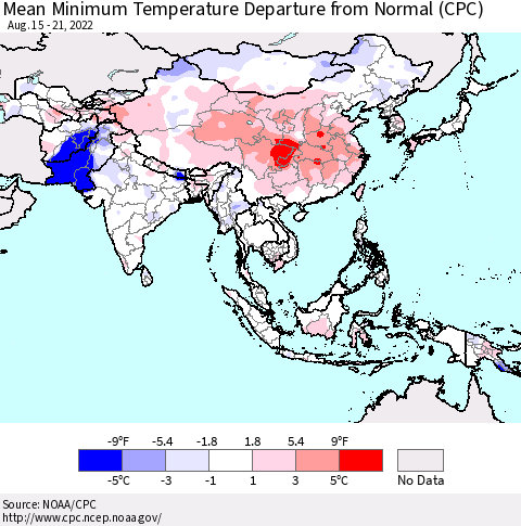 Asia Mean Minimum Temperature Departure from Normal (CPC) Thematic Map For 8/15/2022 - 8/21/2022