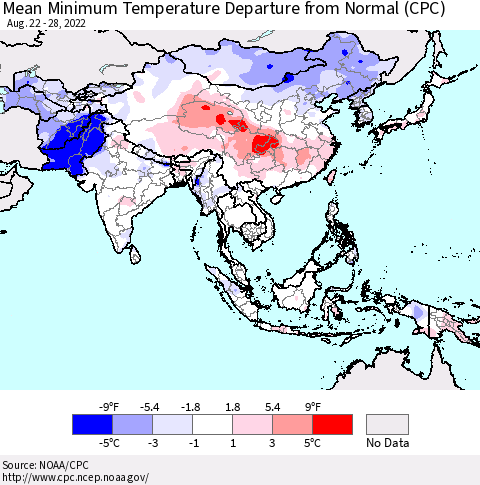 Asia Mean Minimum Temperature Departure from Normal (CPC) Thematic Map For 8/22/2022 - 8/28/2022