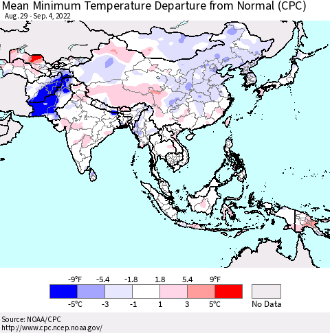 Asia Mean Minimum Temperature Departure from Normal (CPC) Thematic Map For 8/29/2022 - 9/4/2022