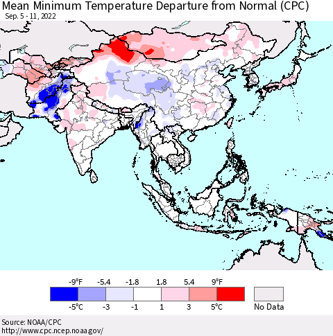 Asia Mean Minimum Temperature Departure from Normal (CPC) Thematic Map For 9/5/2022 - 9/11/2022