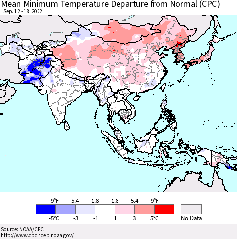 Asia Mean Minimum Temperature Departure from Normal (CPC) Thematic Map For 9/12/2022 - 9/18/2022