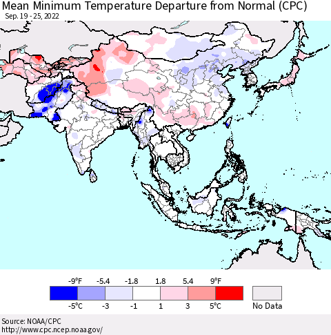 Asia Mean Minimum Temperature Departure from Normal (CPC) Thematic Map For 9/19/2022 - 9/25/2022