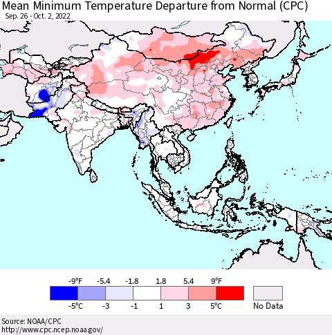 Asia Mean Minimum Temperature Departure from Normal (CPC) Thematic Map For 9/26/2022 - 10/2/2022