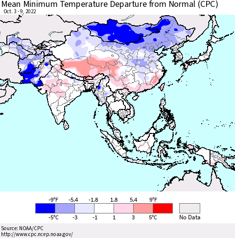 Asia Mean Minimum Temperature Departure from Normal (CPC) Thematic Map For 10/3/2022 - 10/9/2022