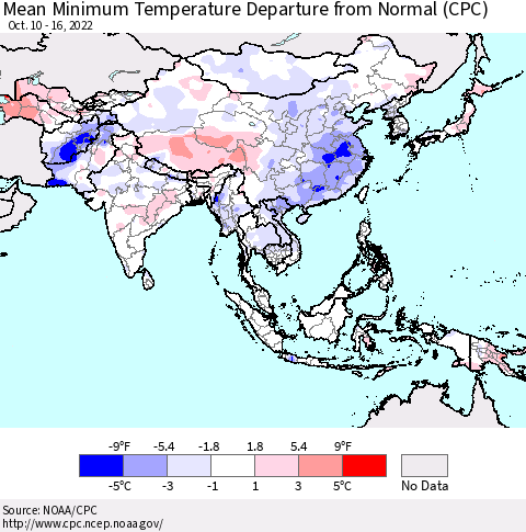 Asia Mean Minimum Temperature Departure from Normal (CPC) Thematic Map For 10/10/2022 - 10/16/2022