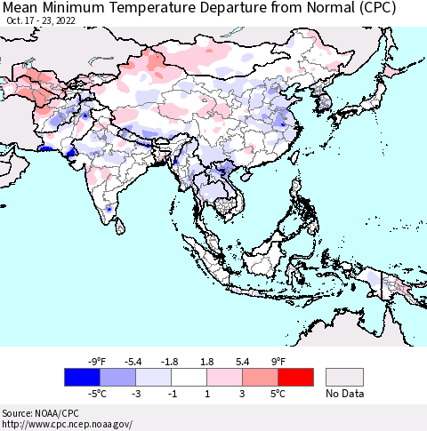 Asia Mean Minimum Temperature Departure from Normal (CPC) Thematic Map For 10/17/2022 - 10/23/2022
