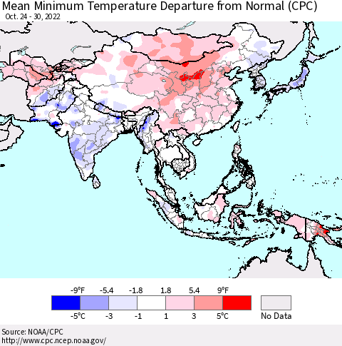 Asia Mean Minimum Temperature Departure from Normal (CPC) Thematic Map For 10/24/2022 - 10/30/2022