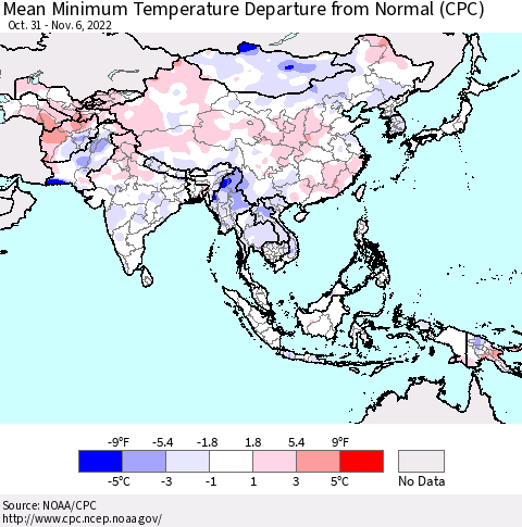 Asia Mean Minimum Temperature Departure from Normal (CPC) Thematic Map For 10/31/2022 - 11/6/2022
