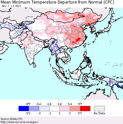 Asia Mean Minimum Temperature Departure from Normal (CPC) Thematic Map For 11/7/2022 - 11/13/2022