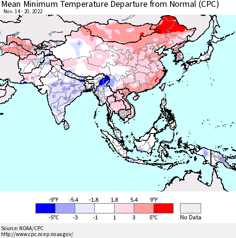 Asia Mean Minimum Temperature Departure from Normal (CPC) Thematic Map For 11/14/2022 - 11/20/2022