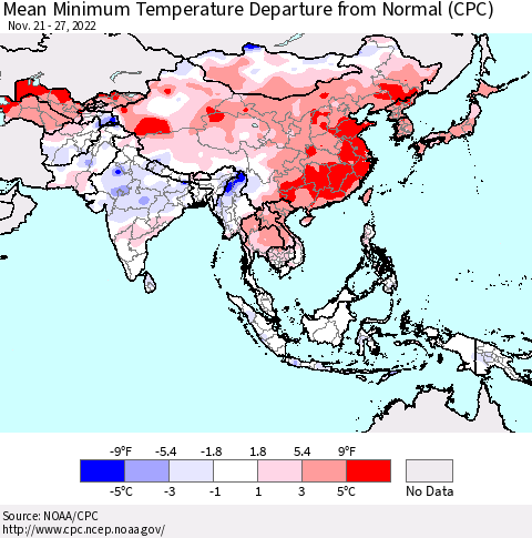 Asia Mean Minimum Temperature Departure from Normal (CPC) Thematic Map For 11/21/2022 - 11/27/2022