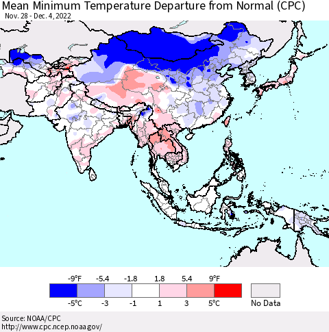 Asia Mean Minimum Temperature Departure from Normal (CPC) Thematic Map For 11/28/2022 - 12/4/2022