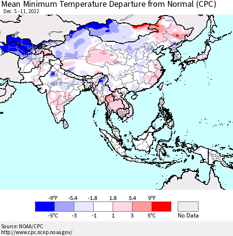 Asia Mean Minimum Temperature Departure from Normal (CPC) Thematic Map For 12/5/2022 - 12/11/2022