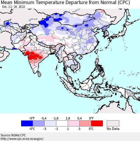 Asia Mean Minimum Temperature Departure from Normal (CPC) Thematic Map For 12/12/2022 - 12/18/2022
