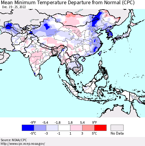 Asia Mean Minimum Temperature Departure from Normal (CPC) Thematic Map For 12/19/2022 - 12/25/2022