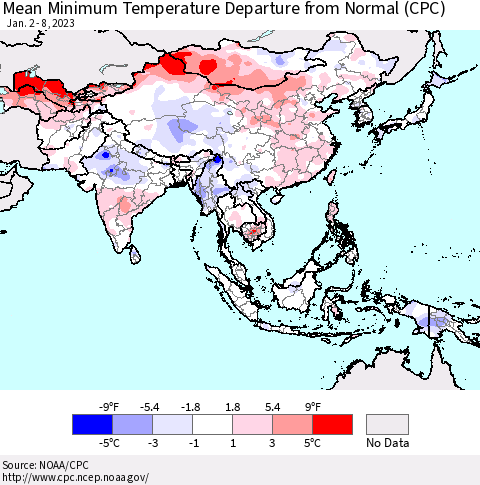 Asia Mean Minimum Temperature Departure from Normal (CPC) Thematic Map For 1/2/2023 - 1/8/2023