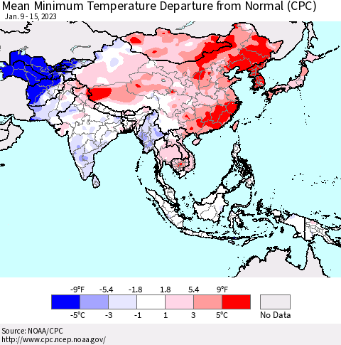 Asia Mean Minimum Temperature Departure from Normal (CPC) Thematic Map For 1/9/2023 - 1/15/2023