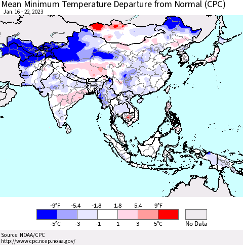 Asia Mean Minimum Temperature Departure from Normal (CPC) Thematic Map For 1/16/2023 - 1/22/2023